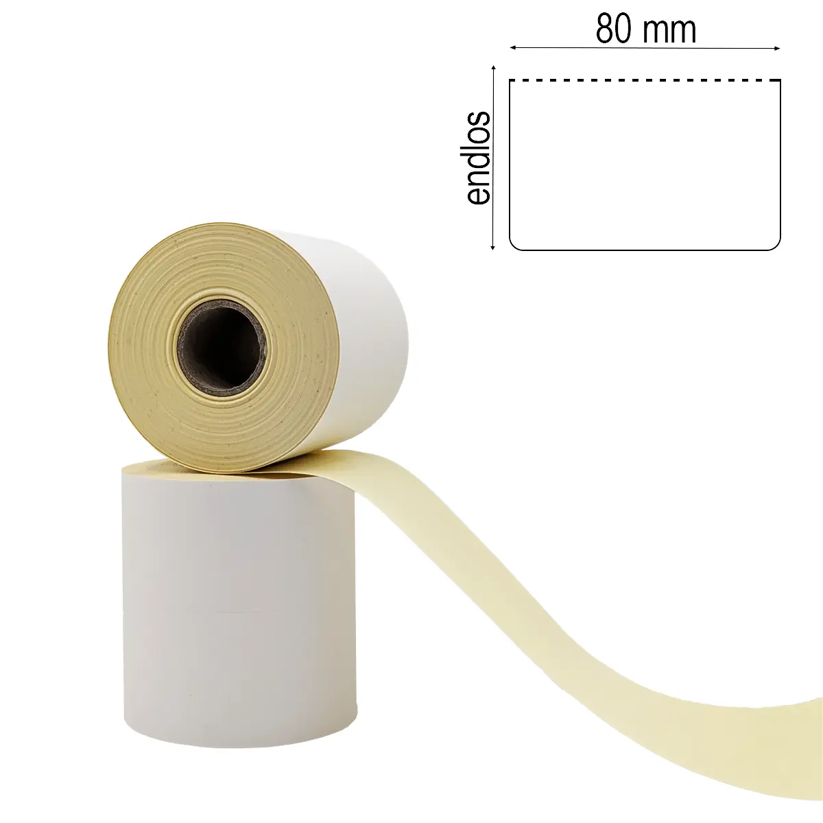 Endlos-Etikettenrolle mit 80mm breiten Etiketten auf gelbem Trägerpapier als Stapel mit Maßlabel Endlos-Etikettenrolle mit 80mm breiten Etiketten auf gelbem Trägerpapier als Stapel mit Maßlabel