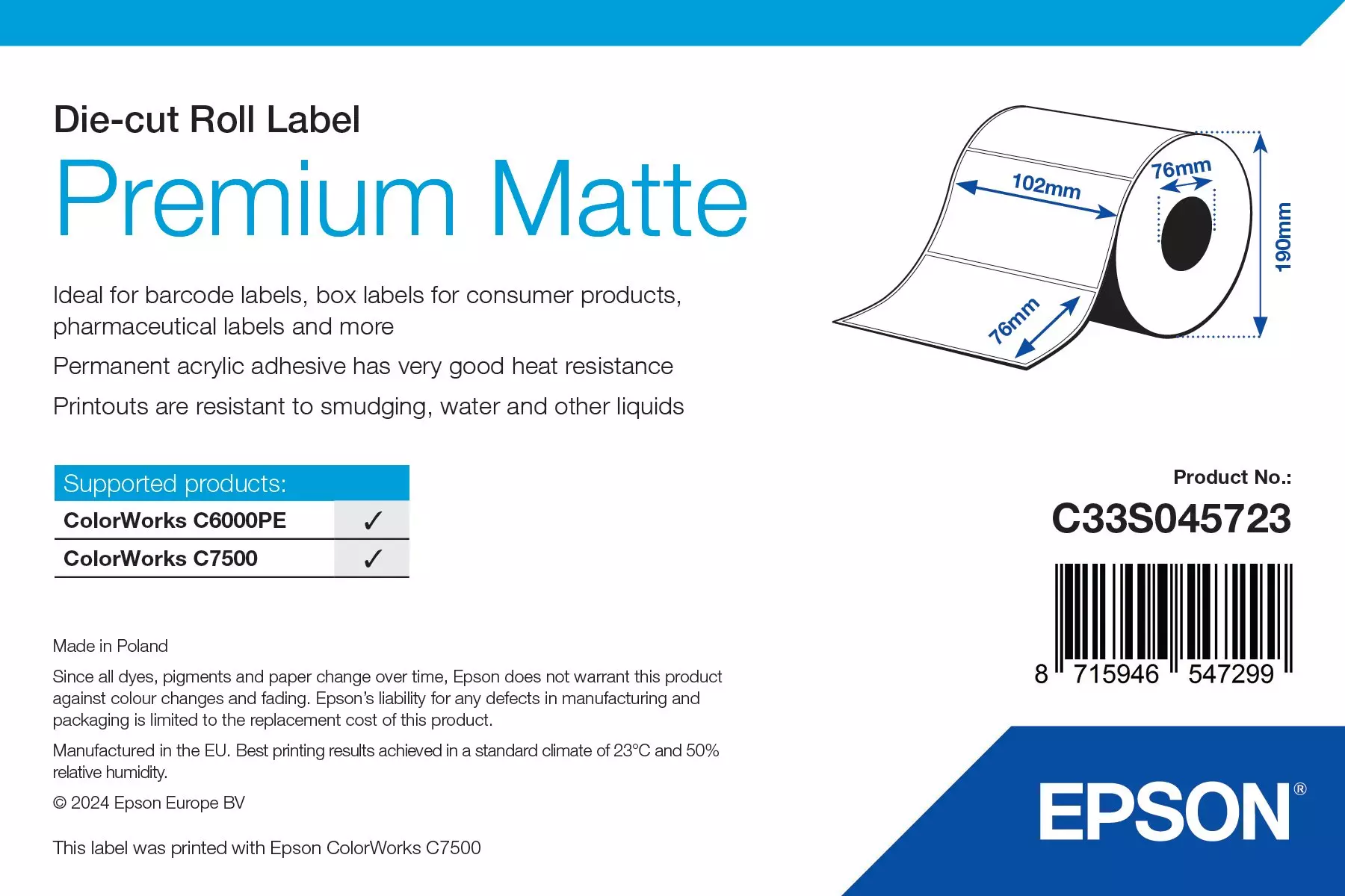 Inkjet-Etikett für den Epson ColorWorks C6000Pe MK in 102x76 mm mit 76 mm Kern, 190mm Durchmesser und 1570 Etiketten pro Rolle | mit Maßlabel von Epson