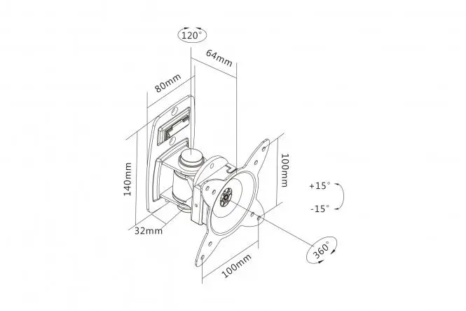 Zeichnung der Abmessungen der schwenkbaren Monitor-Wandhalterung für einen Monitor mit VESA 75x75 oder 100x100 Maßen und maximal 15kg Gewicht von vorne rechts