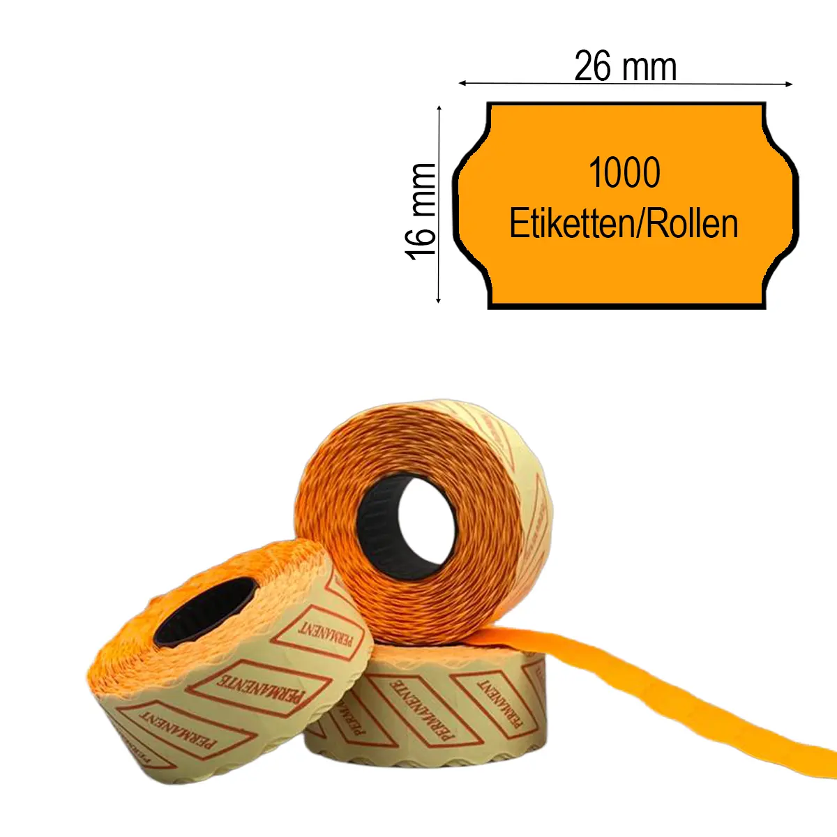 Preisauszeichner Etiketten zweizeilig 26x16, 1000 Etiketten in Orange mit Maßlabel