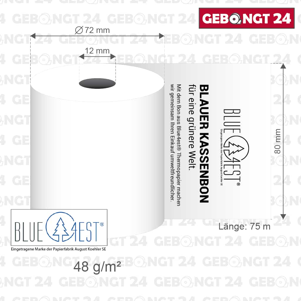 Maße der Blue4est Öko-Thermorollen 80 x 75m x 12 mit Infotext