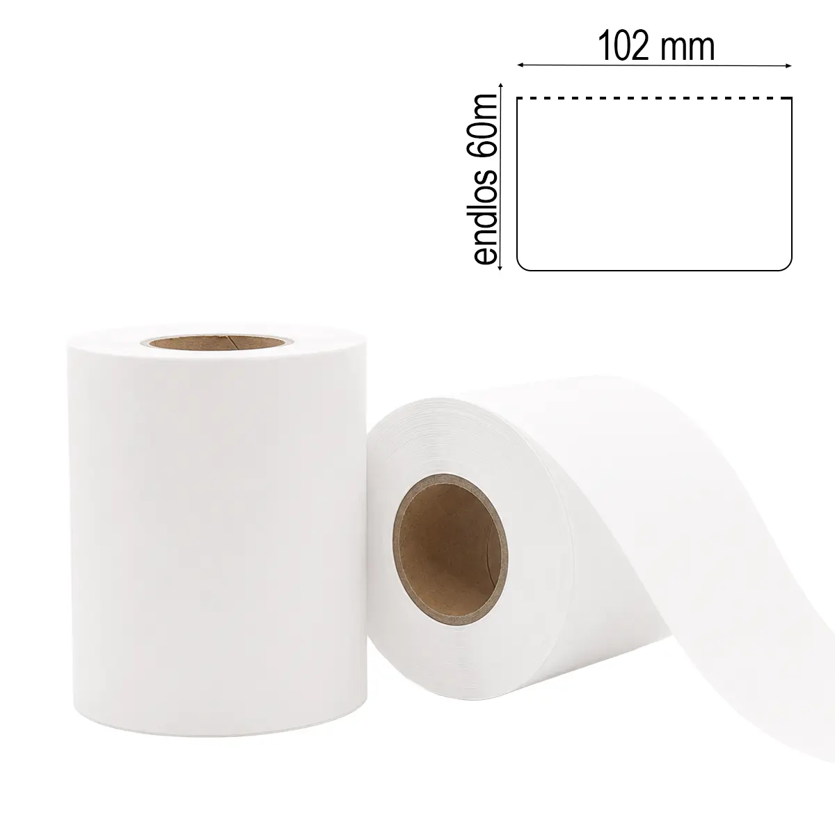 Matte Etikettenrolle mit 102mm x 60m Etiketten auf weißem Trägerpapier gestapelt mit 152mm Durchmesser, 3" / 76mm Kern & Maßlabel