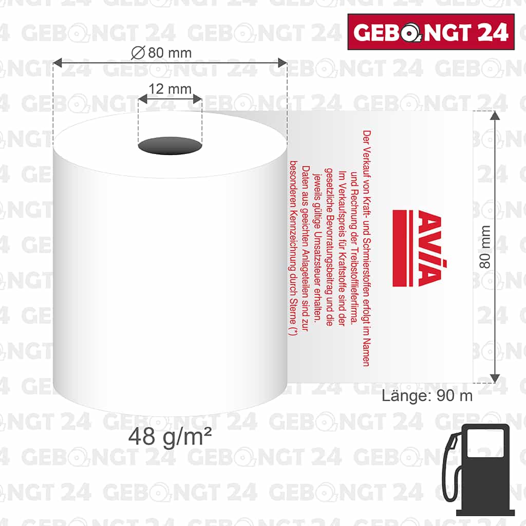 Maße der Thermorolle 80 x 90m x 12 mit AVIA Text