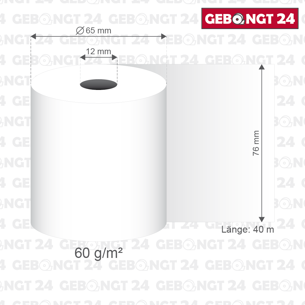 Maße der Kassenrolle 76 x 40m x 12 (Normalpapier), rosa