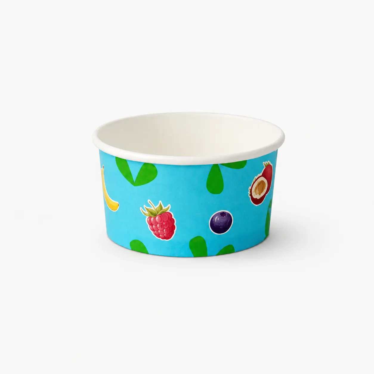 Eisbecher aus Pappe 160ml mit 85mm Durchmesser und 43mm Höhe im Papur-Früchte Design und ohne Beschichtung
