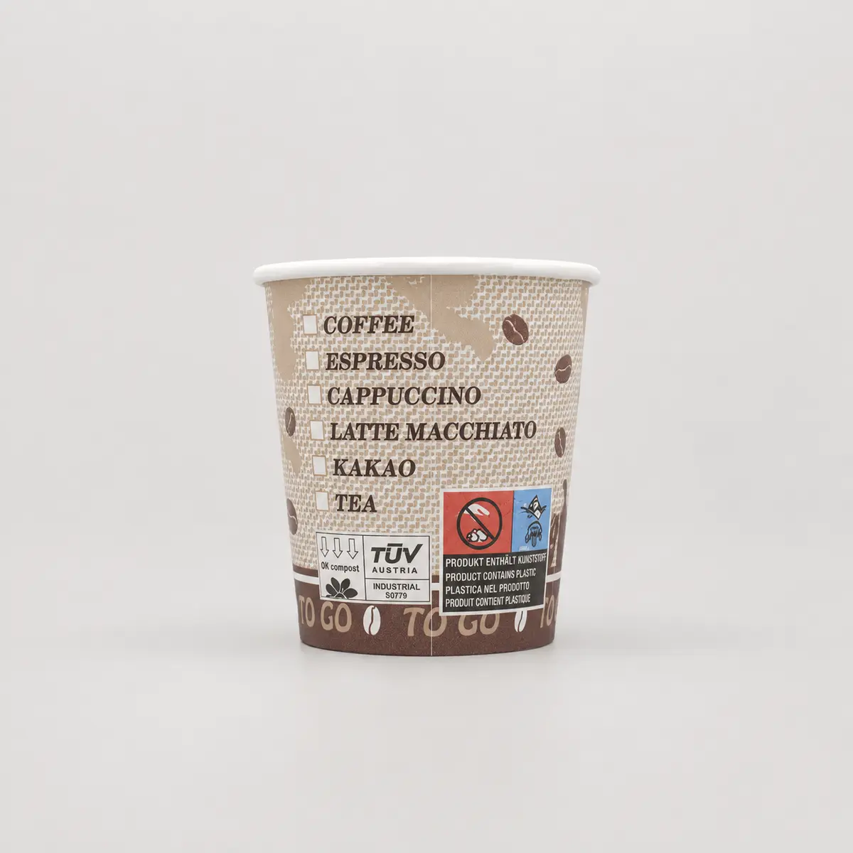 Kaffeebecher mit 100ml Füllvolumen mit PE-Beschichtung im CoffeeMountain-Design, hinten
