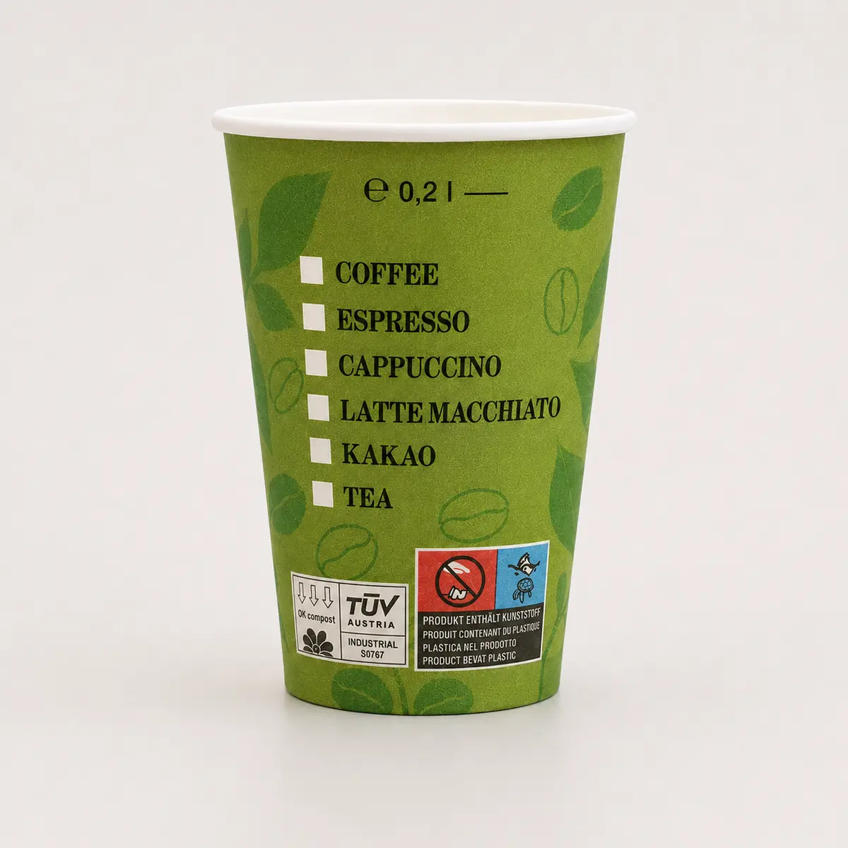 PLA-Kaltgetränkebecher für 200ml Füllvolumen im Bio-Grün-Design mit Eichstrich