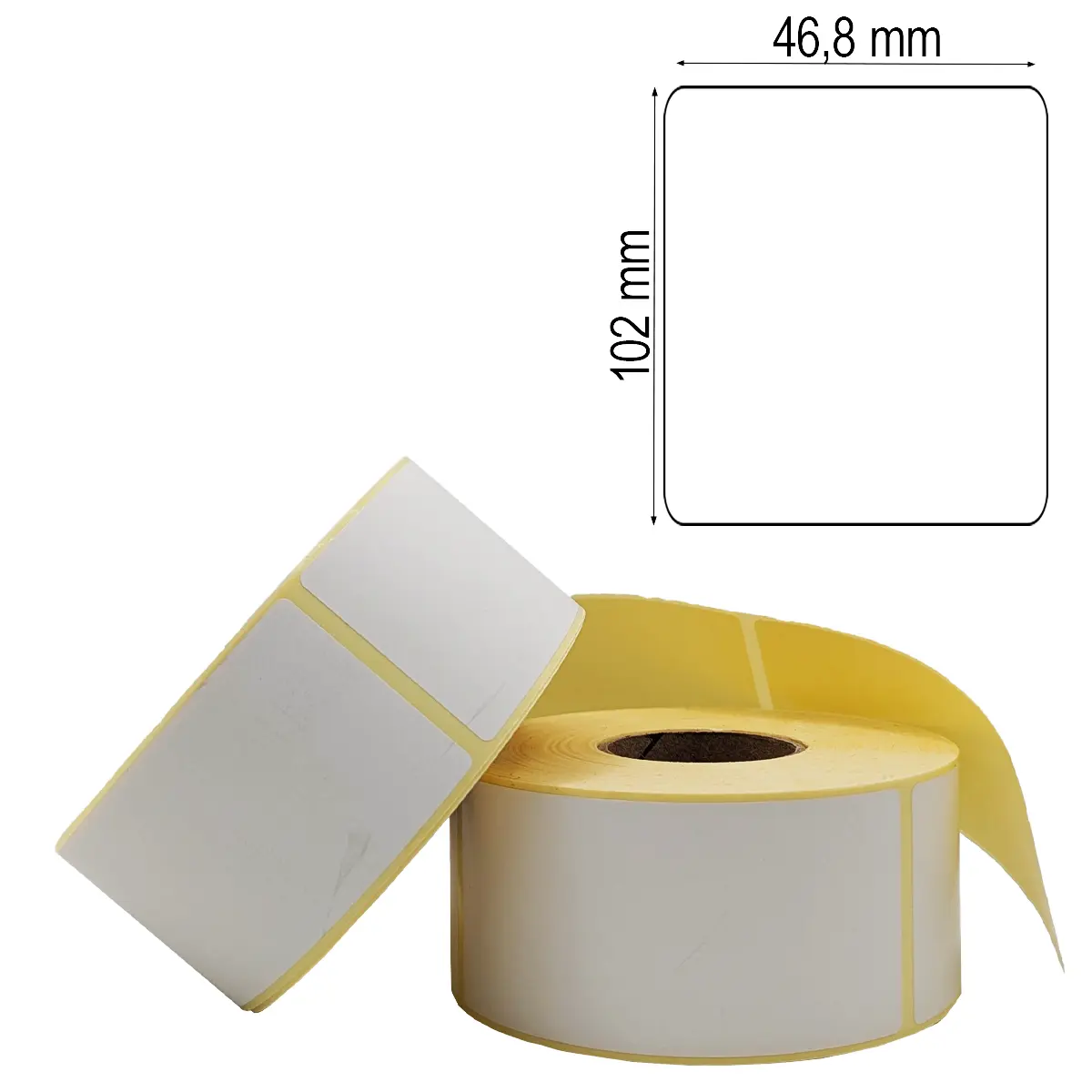 Etikettenrolle mit 46,8 x 102 mm Etiketten auf gelbem Trägerpapier gestapelt mit Maßlabel Etikettenrolle mit 46,8 x 102 mm Etiketten auf gelbem Trägerpapier gestapelt mit Maßlabel