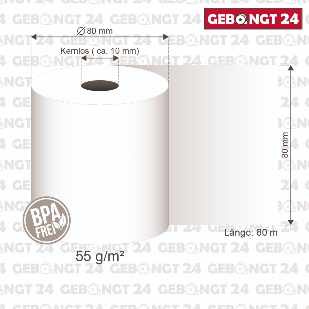 Maße der Thermorolle 80x80x12, 55g/m², Kernlos, Coreless