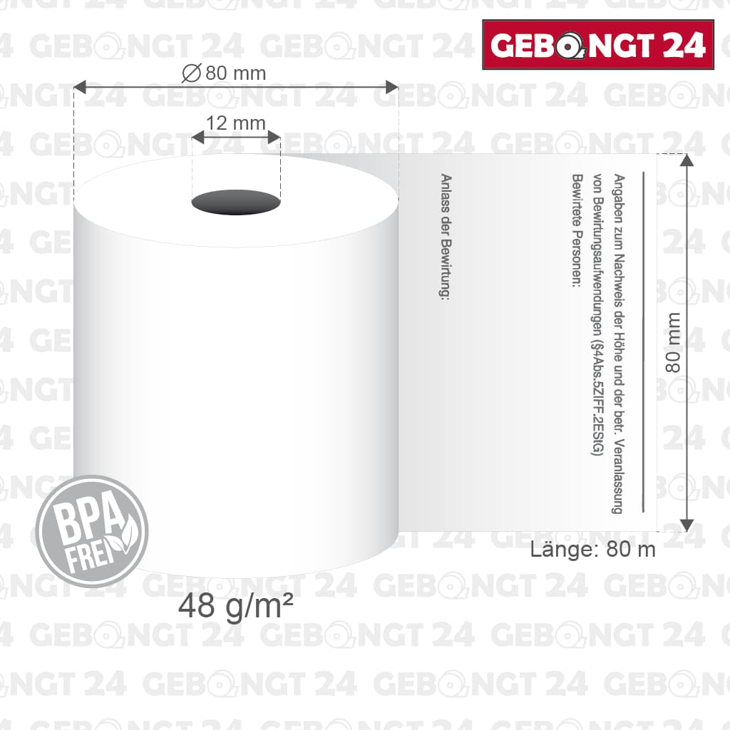 Thermorolle 80mm x 80m x 12mm - Bewirtungsbeleg - BPA frei