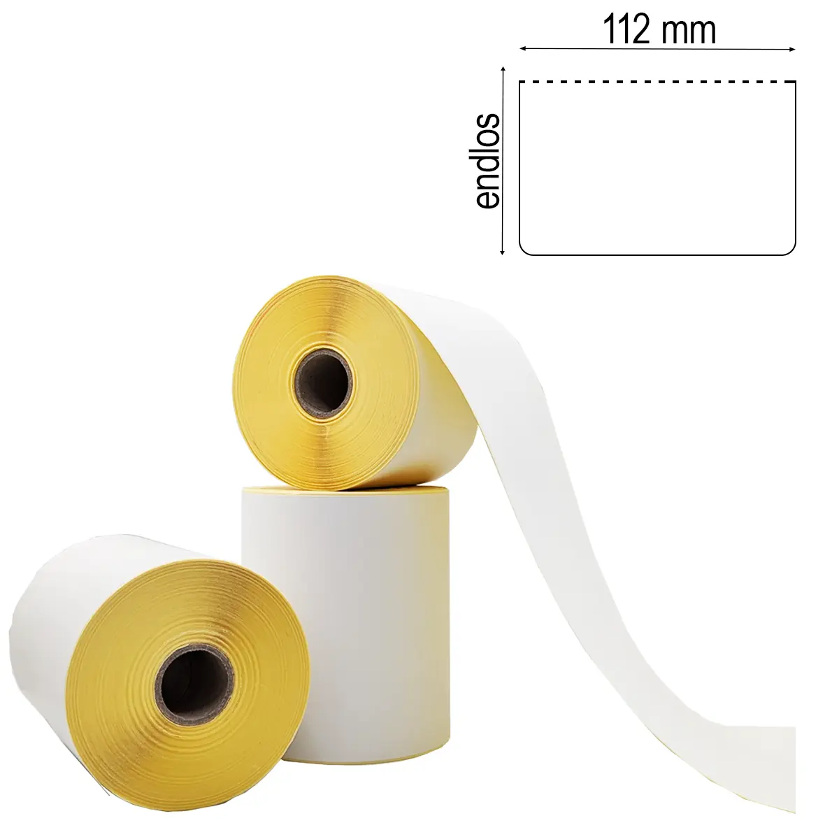 Endlos-Etikettenrolle mit 112 mm breiten Etiketten auf gelbem Trägerpapier gestapelt mit Maßlabel Endlos-Etikettenrolle mit 112 mm breiten Etiketten auf gelbem Trägerpapier gestapelt mit Maßlabel