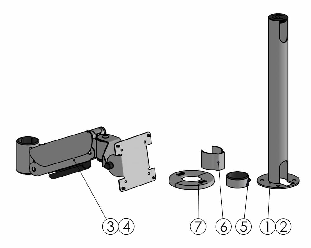 SpacePole Standrohr 400 mm mit höhenverstellbarem Arm und VESA 75/100 "Classic" Einzelteile