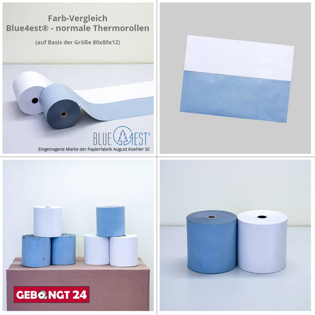 Blue4est Öko Thermorolle 57x15x12 mit SEPA Lastschrifttext - Farbvergleich