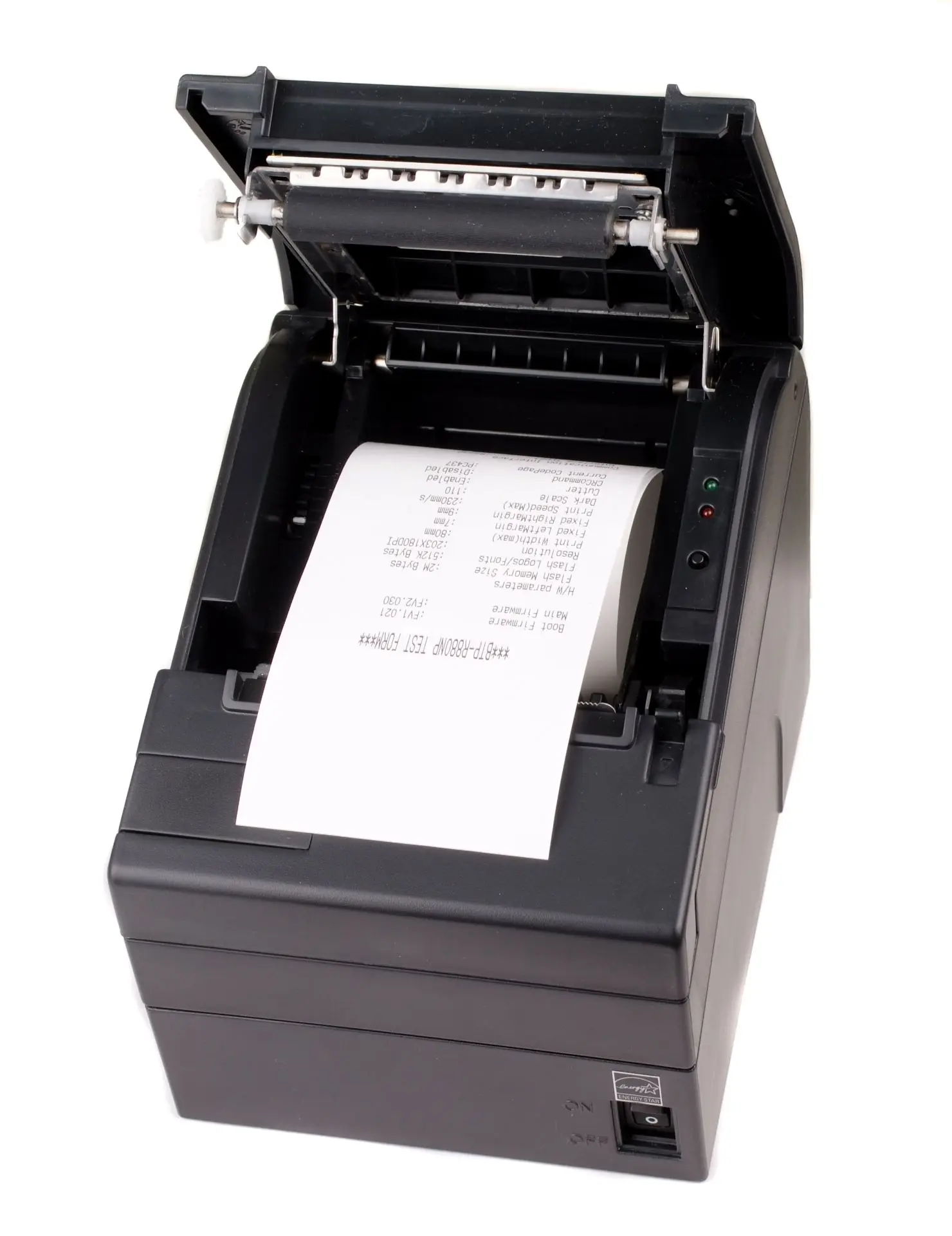 SNBC Bondrucker BTP-R880V mit seriellem, USB & Ethernet Anschlüssen in schwarz von vorne rechts, offen mit Bon