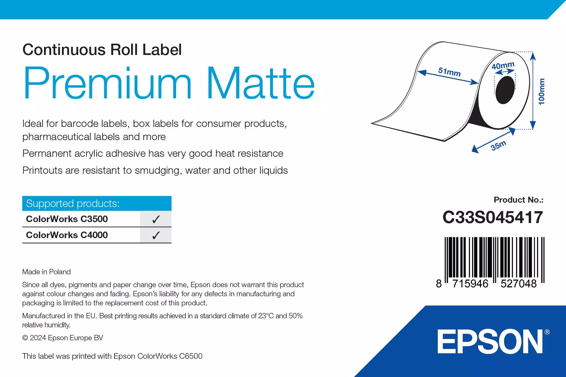 Epson Premium Matte Inkjet-Endlosetiketten in 51mm Breite mit 35 Laufmetern mit 100mm Durchmesser und 40mm Kern für den ColorWorks C3500 & C4000 mk