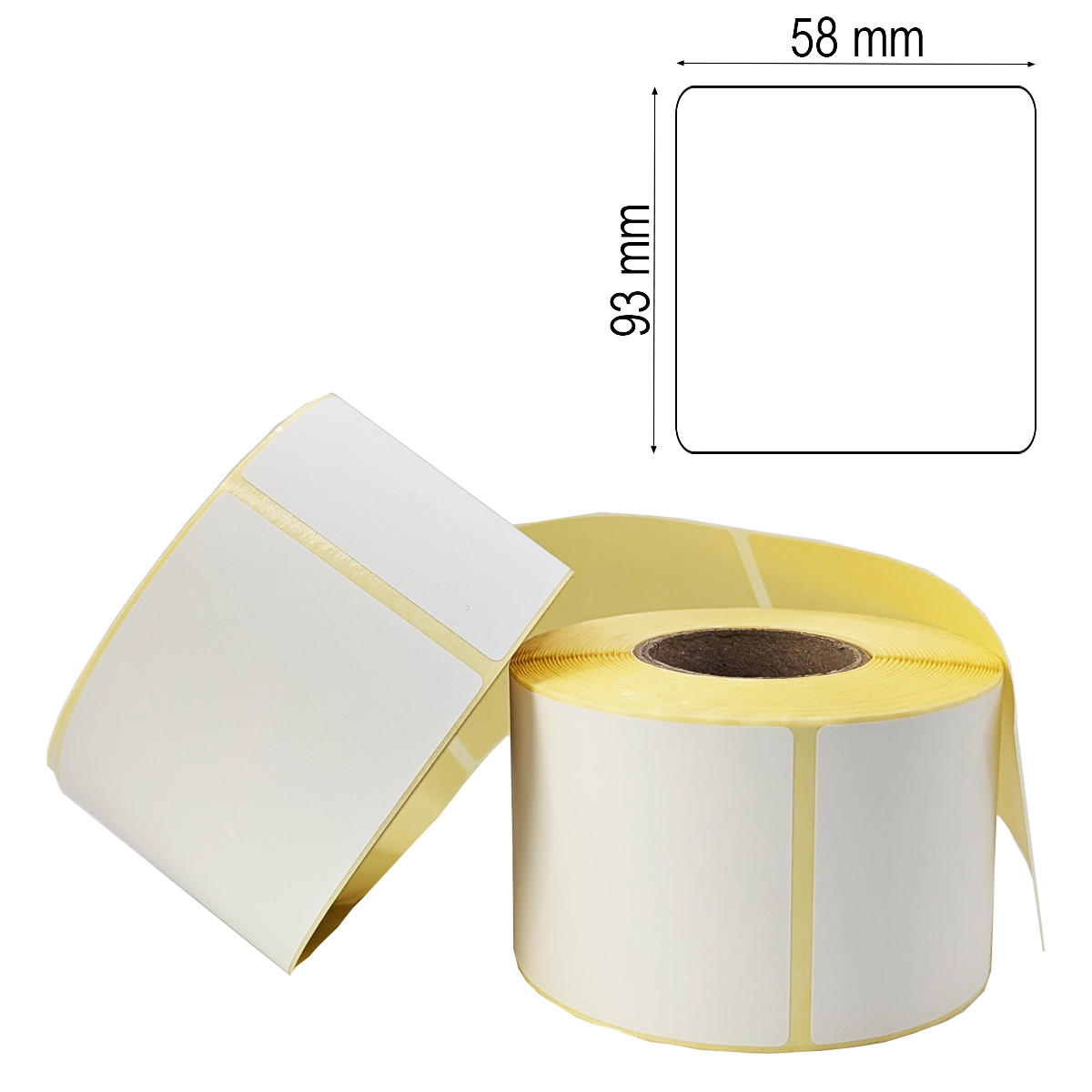 Etikettenrolle mit 58 x 93 mm Etiketten auf gelbem Trägerpapier gestapelt mit Maßlabel Etikettenrolle mit 58 x 93 mm Etiketten auf gelbem Trägerpapier gestapelt mit Maßlabel