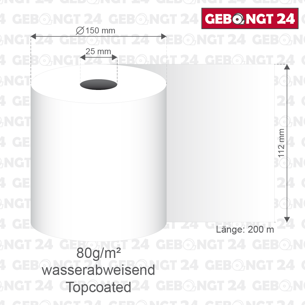 Maße der Thermorollen 112 x 200m x 25 (∅ 150mm), TP8065, für Cash Recycler