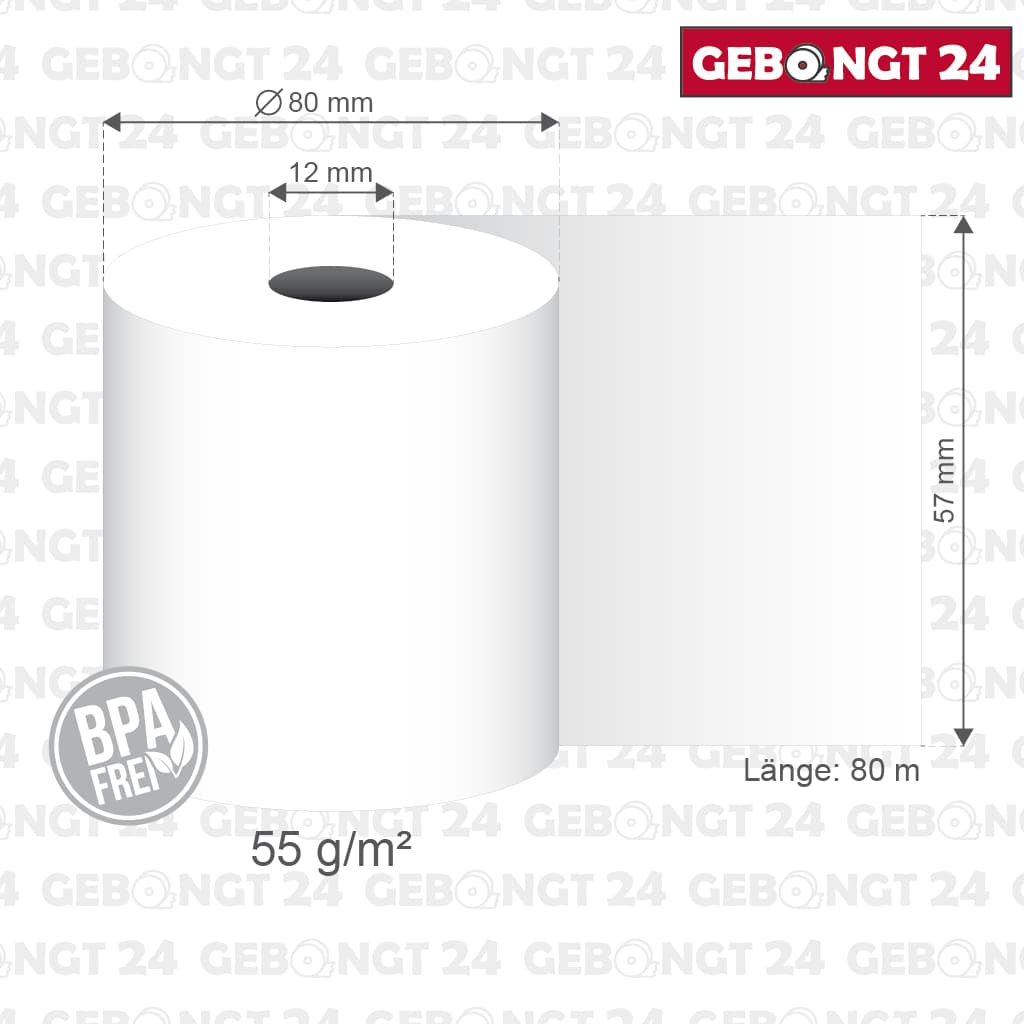 Maße der Thermorolle 57mm x 80m x 12mm, BPA frei