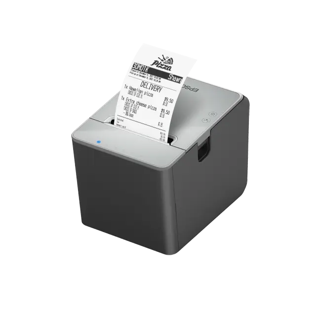 Etikettendrucker von Epson TM-L100 mit USB, seriellem & Ethernet Anschlüssen liegend, von vorne rechts mit Bon
