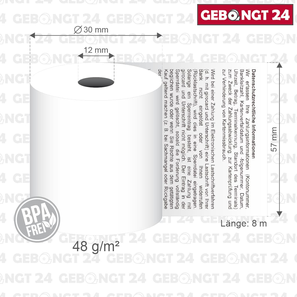Thermorolle 57mm x 8m x 12mm I SEPA Lastschrifttext I BPA frei