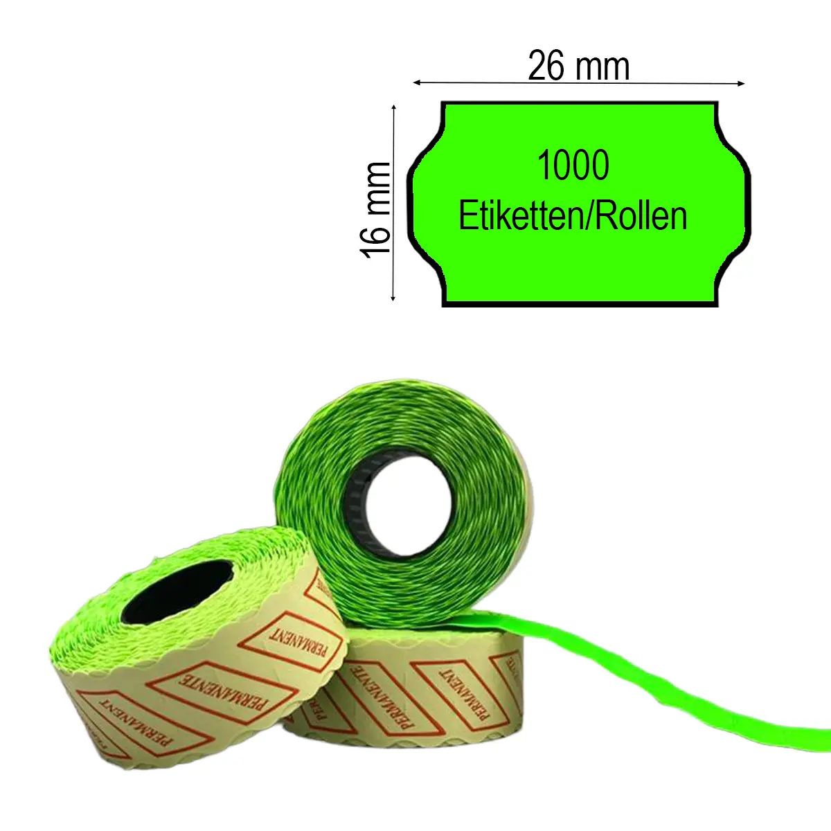 Preisauszeichner Etiketten zweizeilig 26x16, 1000 Etiketten in Grün mit Maßlabel