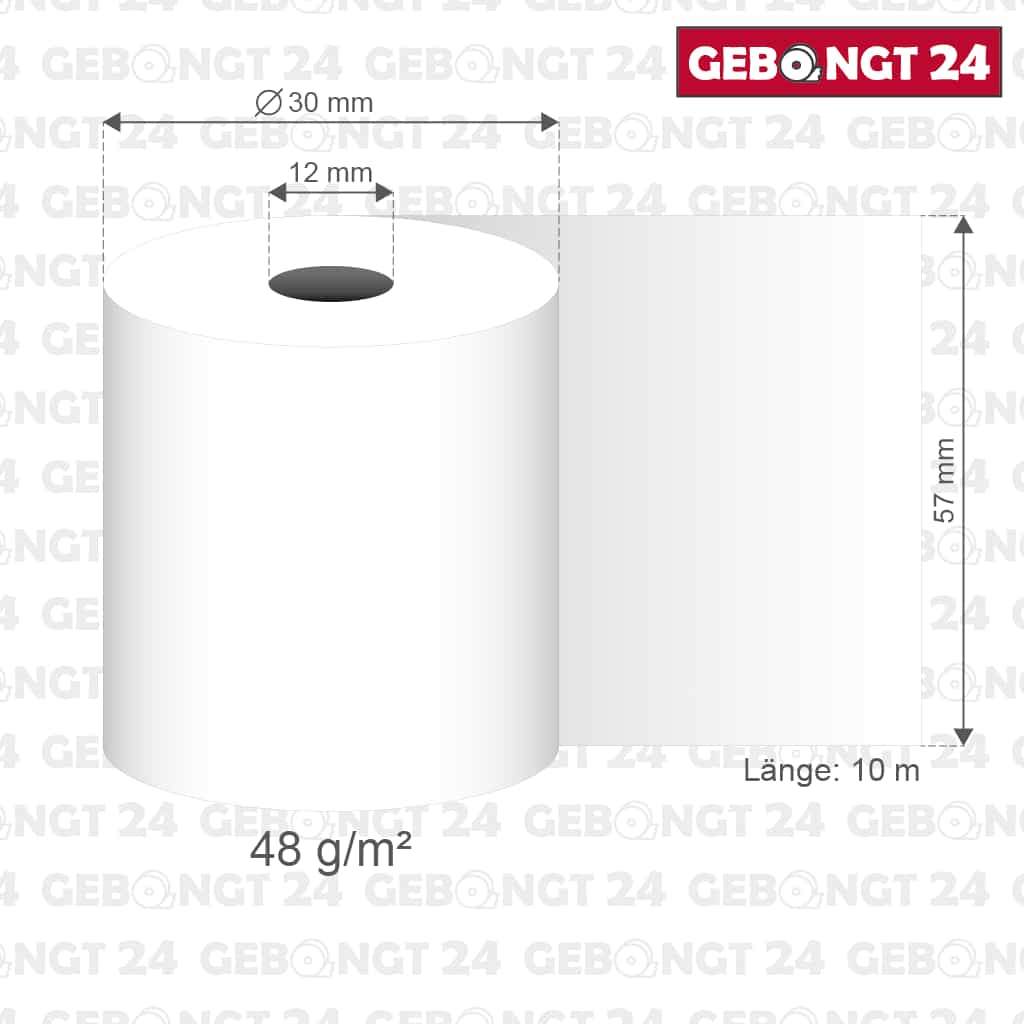 Maße der Thermorollen 57 x 10m x 12, 48g Thermopapier