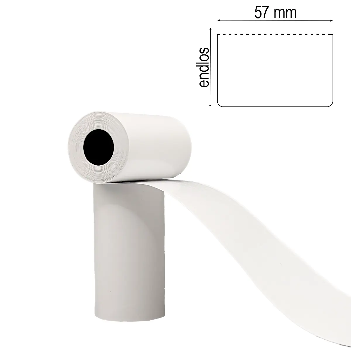 Etikettenrolle mit 57 x endlos Etiketten auf gelbem Trägerpapier gestapelt mit Maßlabel