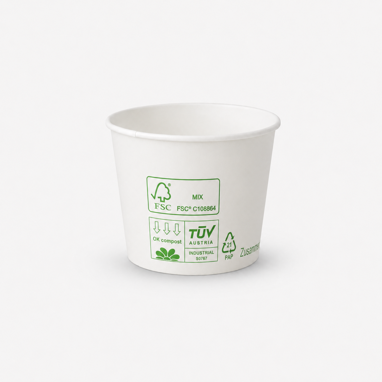 Eisbecher aus Papur-Pappe 500ml mit 105mm Durchmesser und 84mm Höhe mit Papur-FSC-line Design in Weiß und ohne PE-Beschichtung
