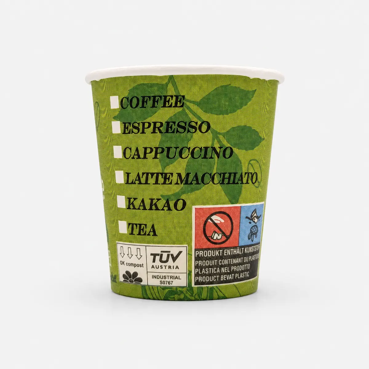 PLA-Automatenbecher mit 250ml Füllvolumen im grünen Bio-Design, Rückseite