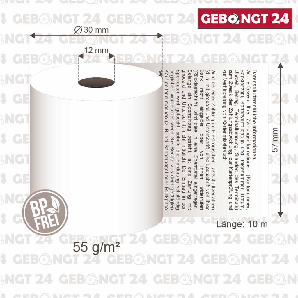 Maße der Thermorolle 57 x 10m x 12 mit SEPA Lastschrifttext, Phenolfrei (BP frei)