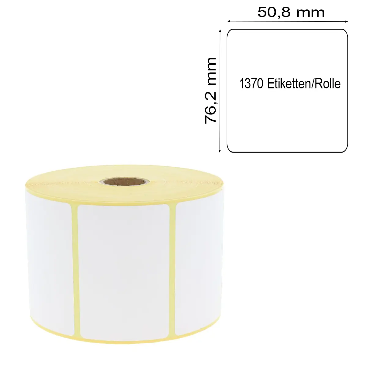 Perforiertes Etikett 76,2 x 50,8 mm auf gelbem Trägerpapier mit Maßlabel