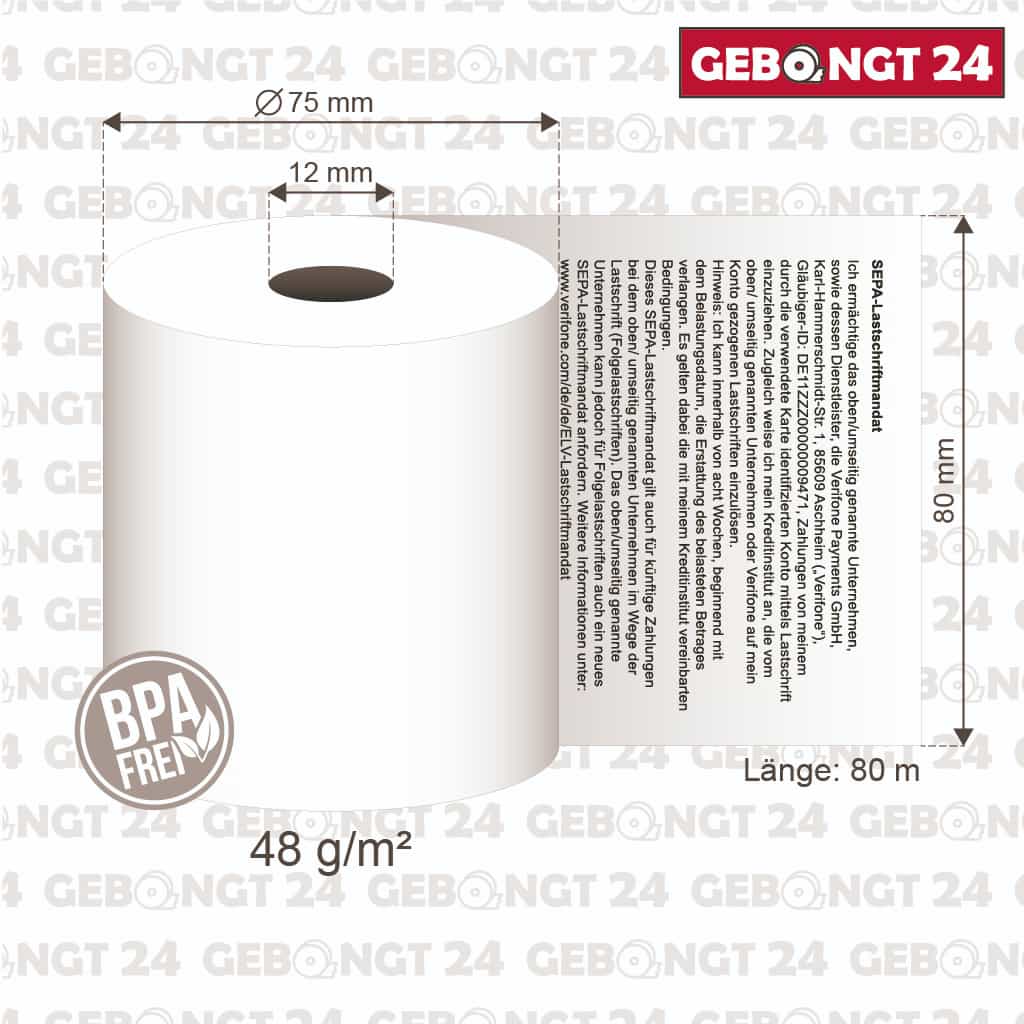 Maße der Thermorollen 80x80x12 mit Verifone SEPA Lastschrifttext