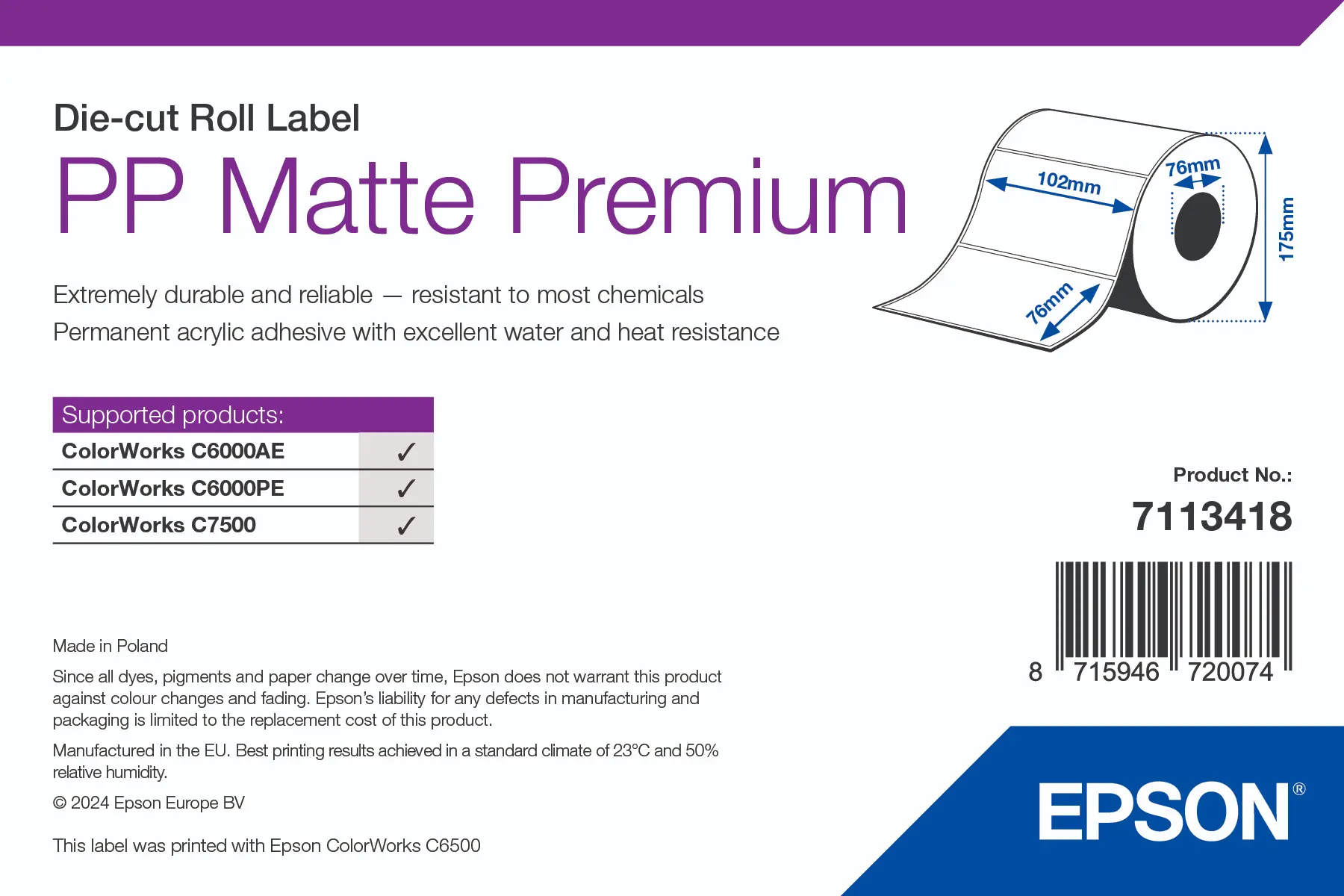 Epson Polypropylen Inkjet Etiketten mit 102x76mm auf 76mm Kern & 175mm Durchmesser