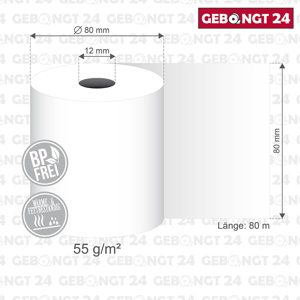 Maße der Thermorolle 80 mm x 80 m x 12 mm, BP frei, Wärme- und Fettbeständig