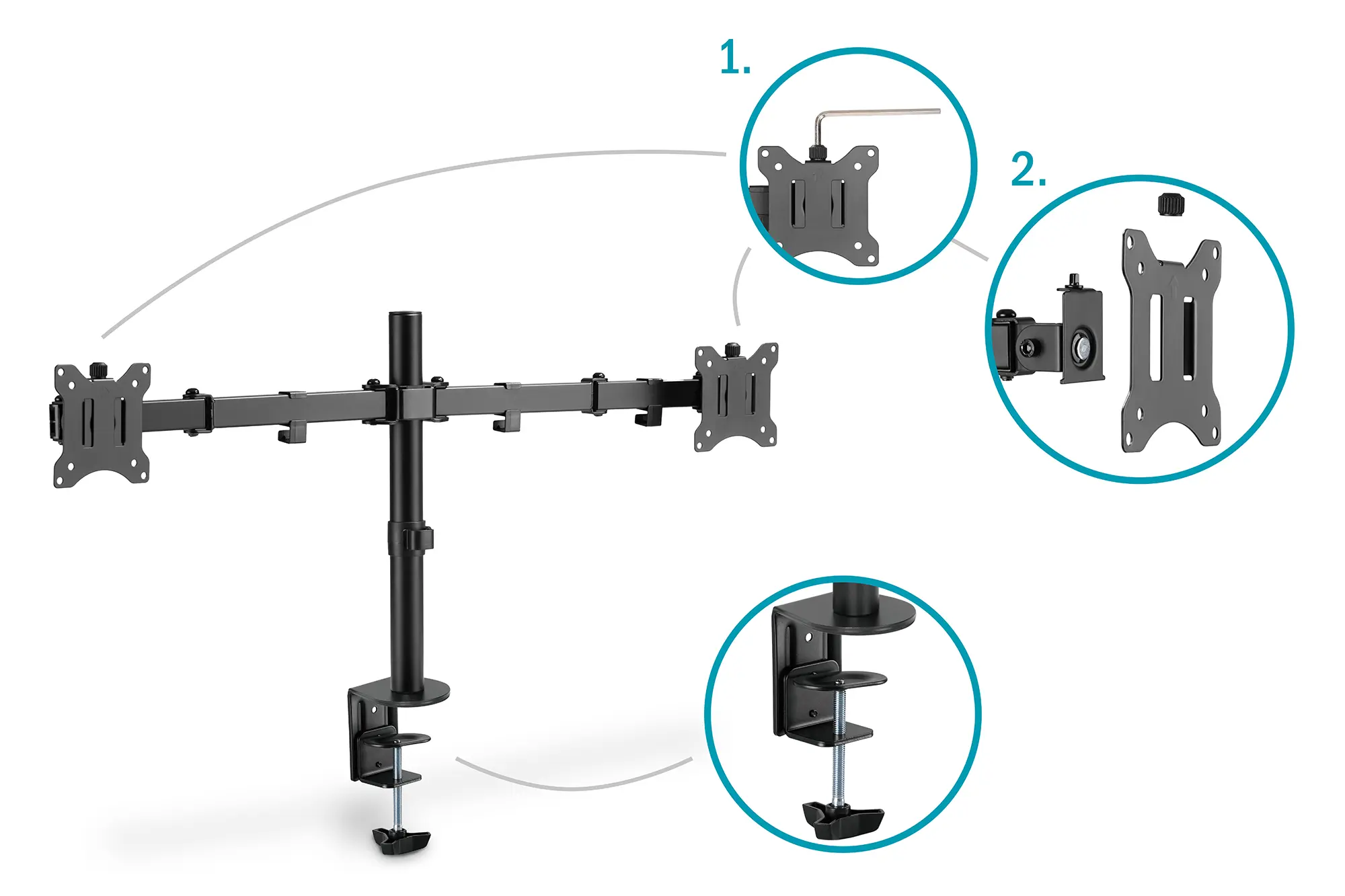 Monitorhalterung für 2 Monitore mit VESA 75/100, 400mm hoch inkl. Klemmhalterung-Nahaufnahme Halterung & Anbringung