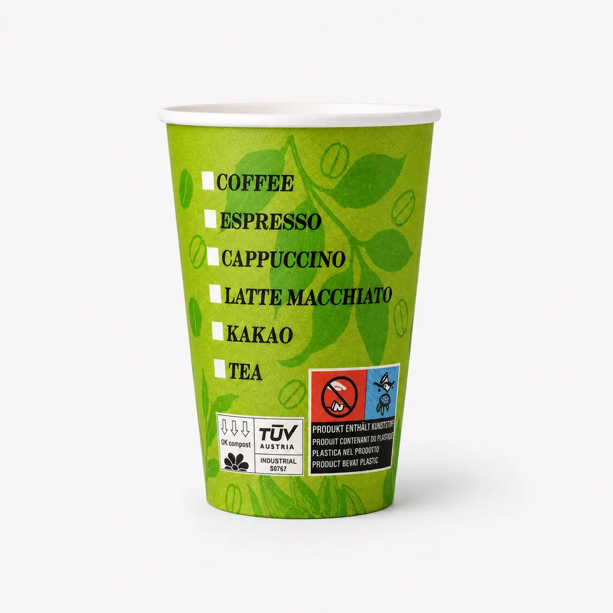 Kaffeebecher mit 300ml Füllvolumen mit PLA-Beschichtung in Grün, hinten