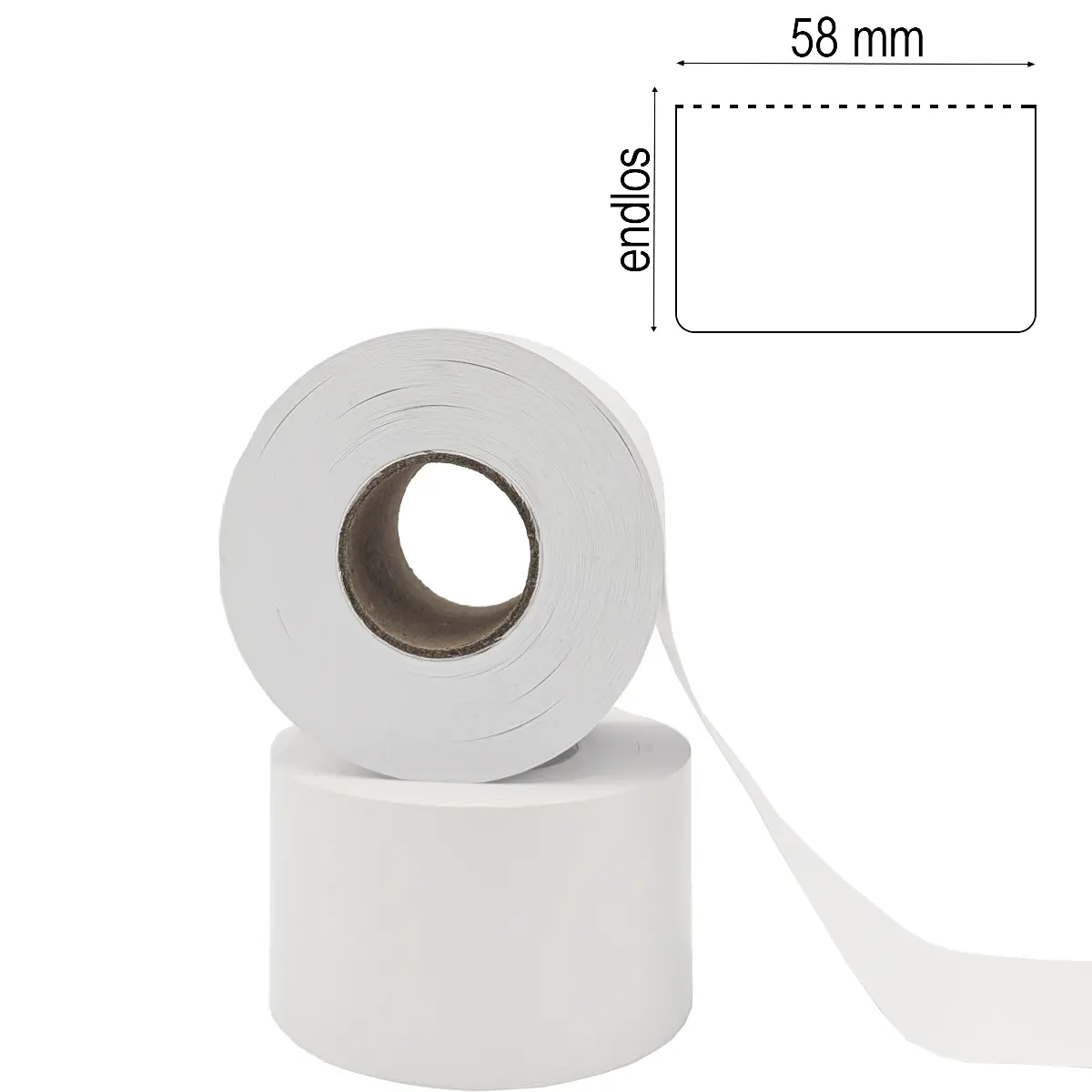 Linerless Endlos-Etikettenrolle mit 58 mm breiten Etiketten gestapelt mit Maßlabel