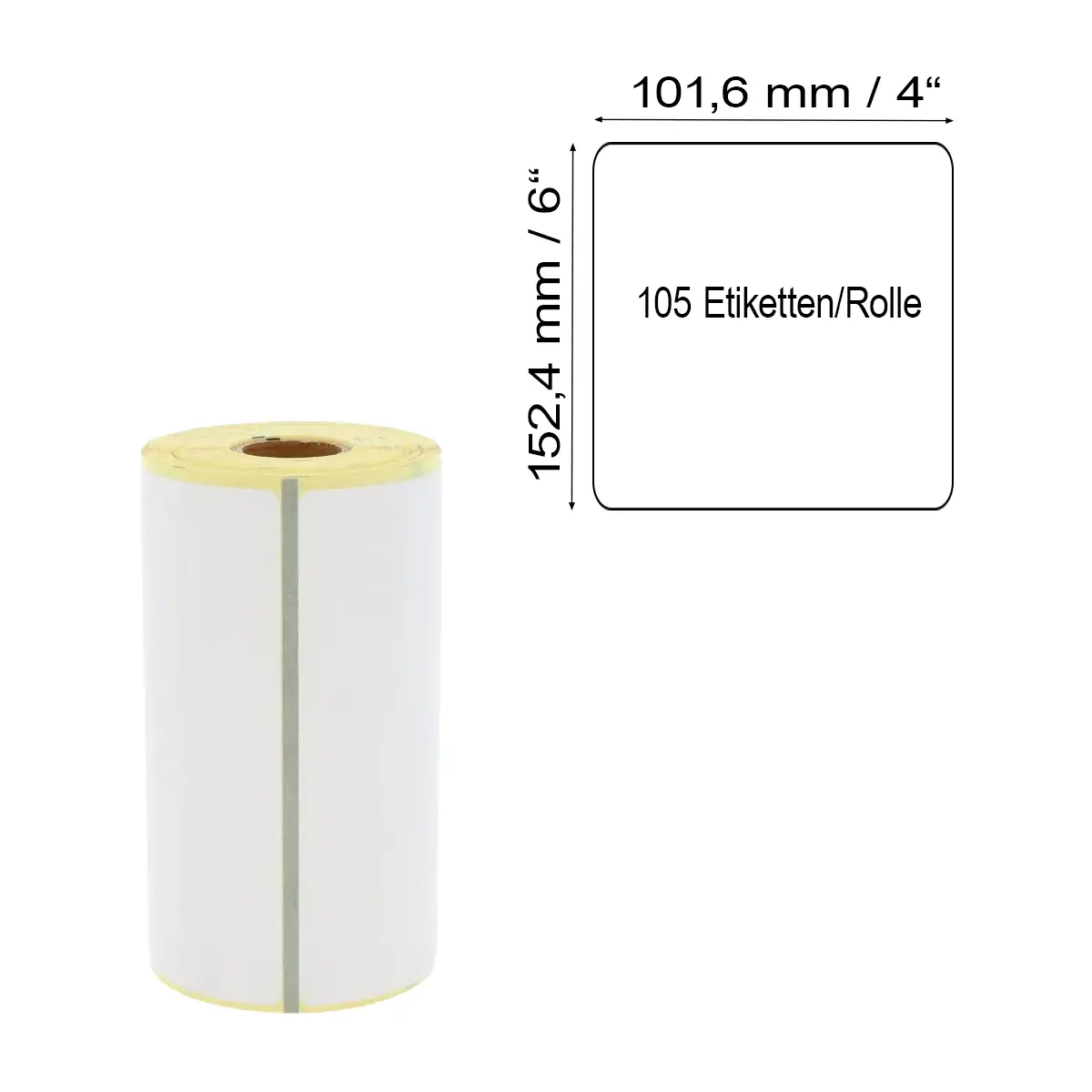 Versandetiketten mit 101,6 x 152,4 mm / 4" x 6" Etiketten 105 Etiketten/Rolle auf gelbem Trägerpapier mit Blackmark mit Maßlabel