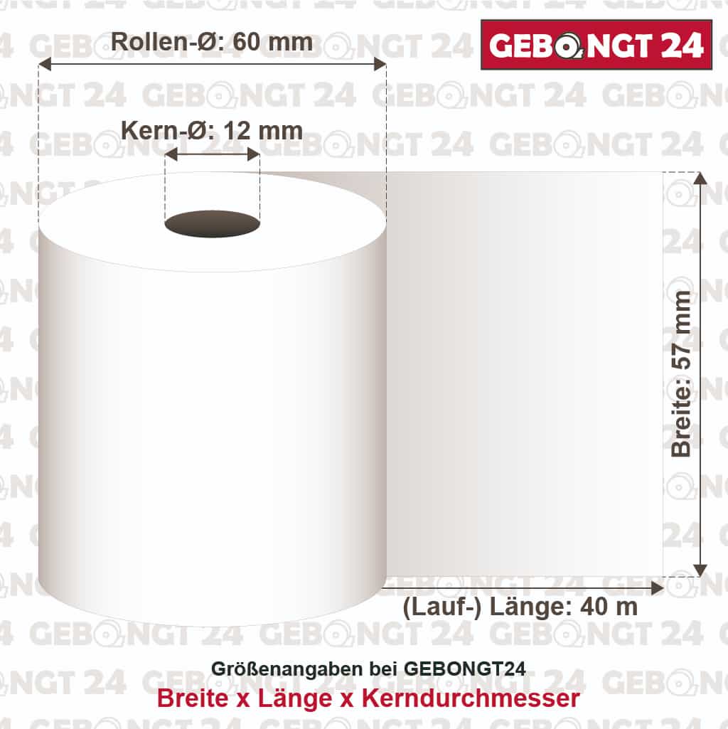 Maße von Thermorollen 57 mm x 40 m x 12 mm