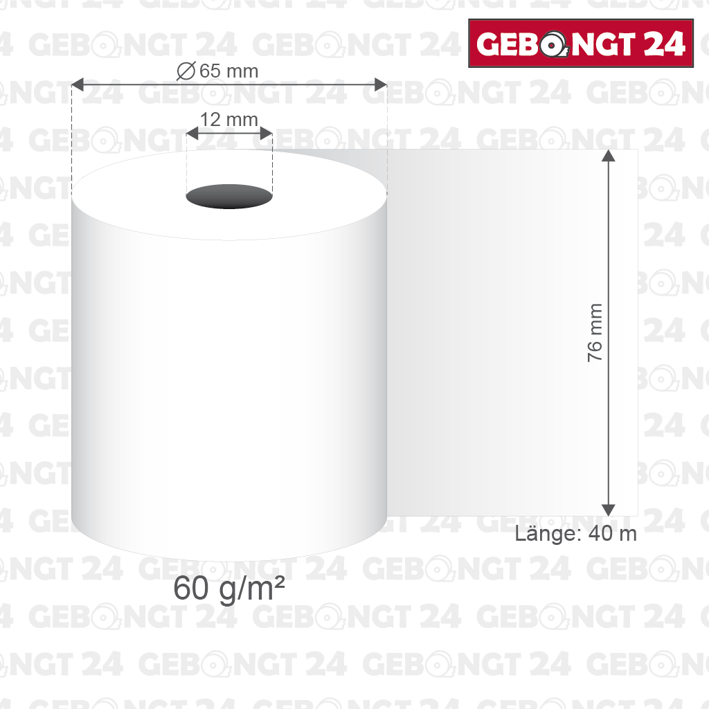 Maße der Kassenrolle 76 x 40m x 12 (Normalpapier), grün