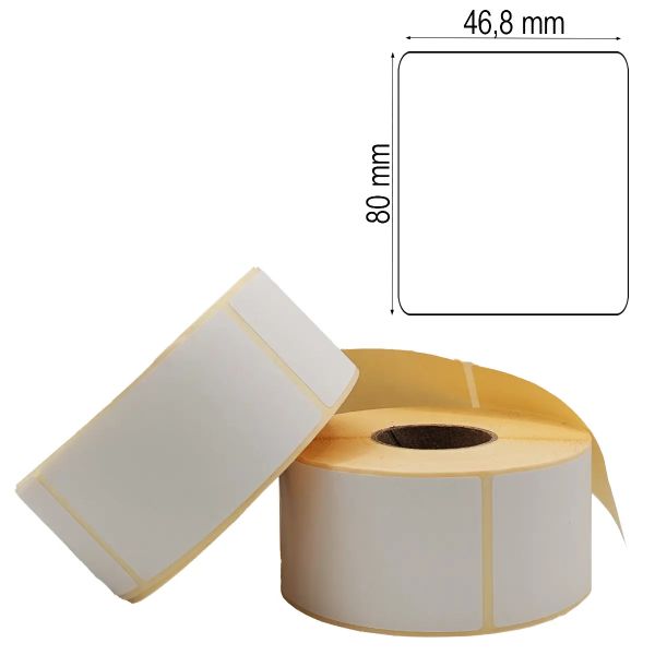 Etikettenrolle mit 46,8 x 80 mm Etiketten auf gelbem Trägerpapier gestapelt mit Maßlabel